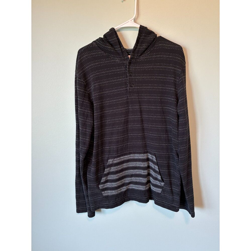 On the Byas Men's dark gray dotted striped henley hoodie. SZ L